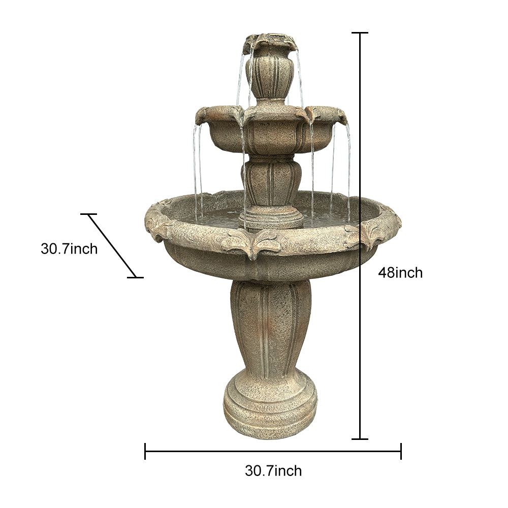 Dimension chart showing 30.7x48 size of the large concrete outdoor floor water fountain.