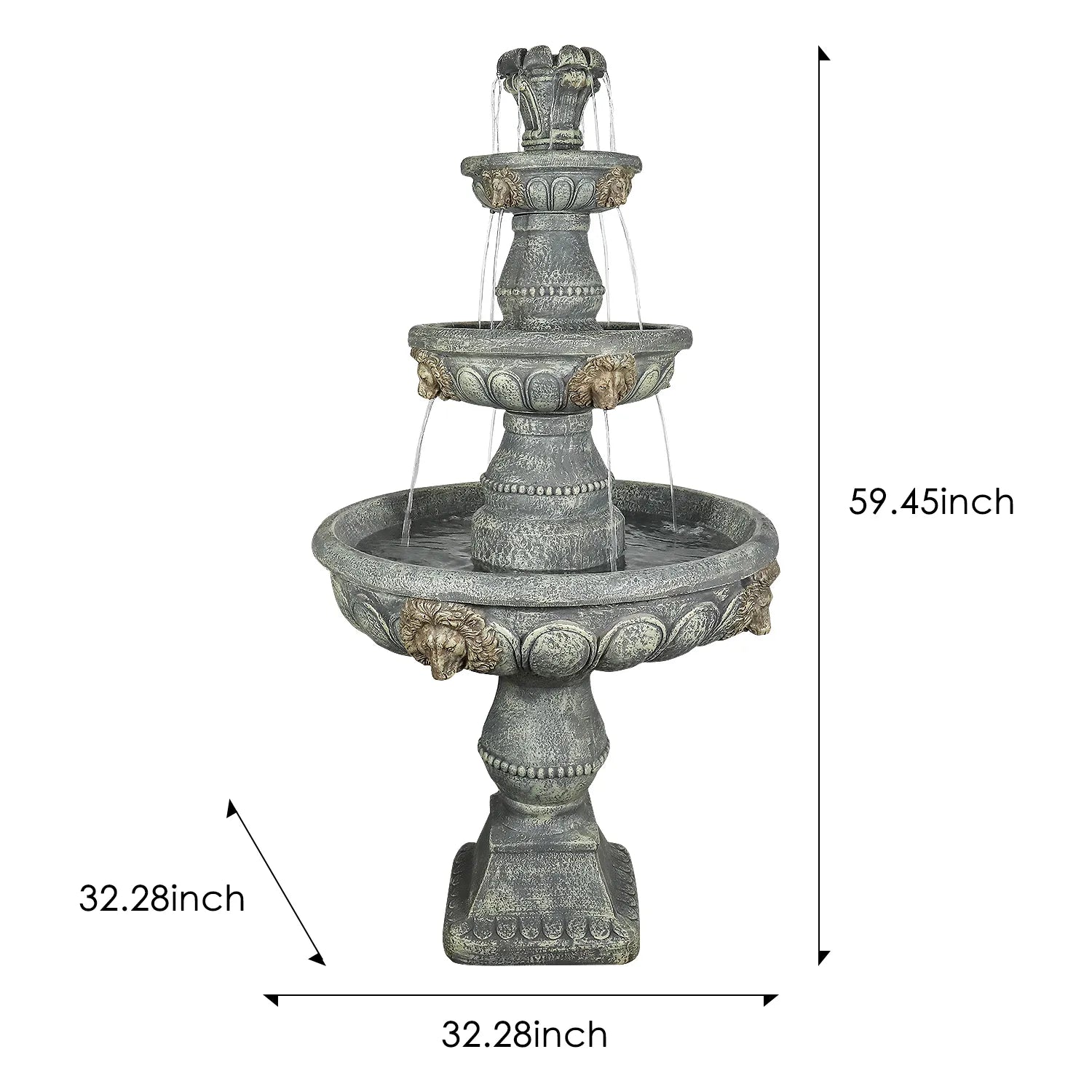 Dimension guide for the 3-tier fountain showing 59.45" height and 32.28" diameter.