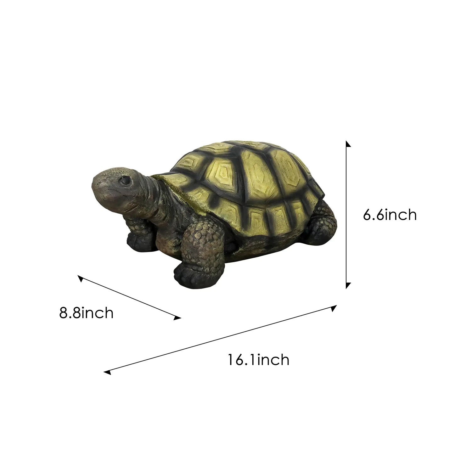 Dimension guide for the turtle statue: 16.1" Length, 8.8" Width, and 6.6" Height.