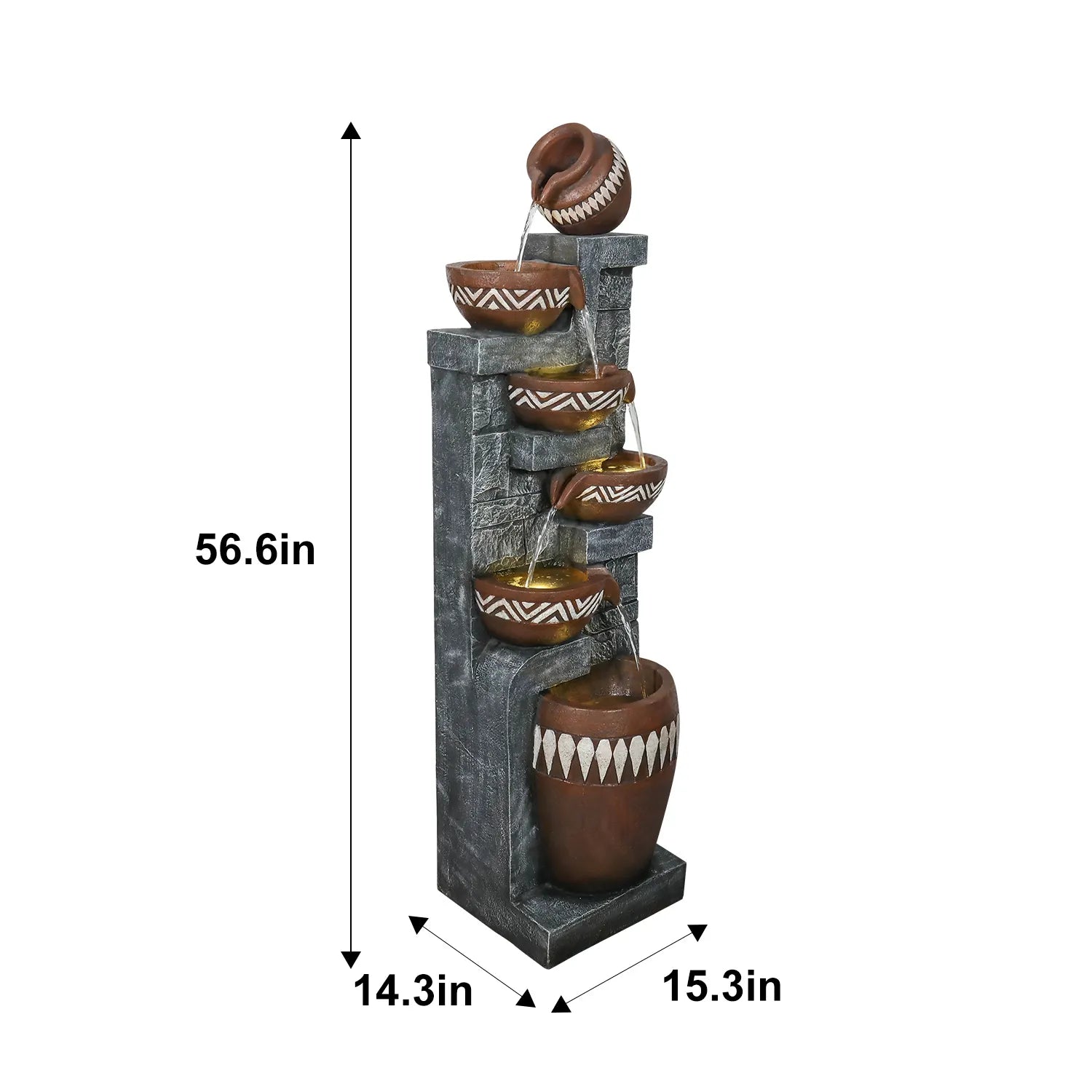Dimensionchartforthe6-tieredfountainshowing56.6height_15.3width_and14.3depth.