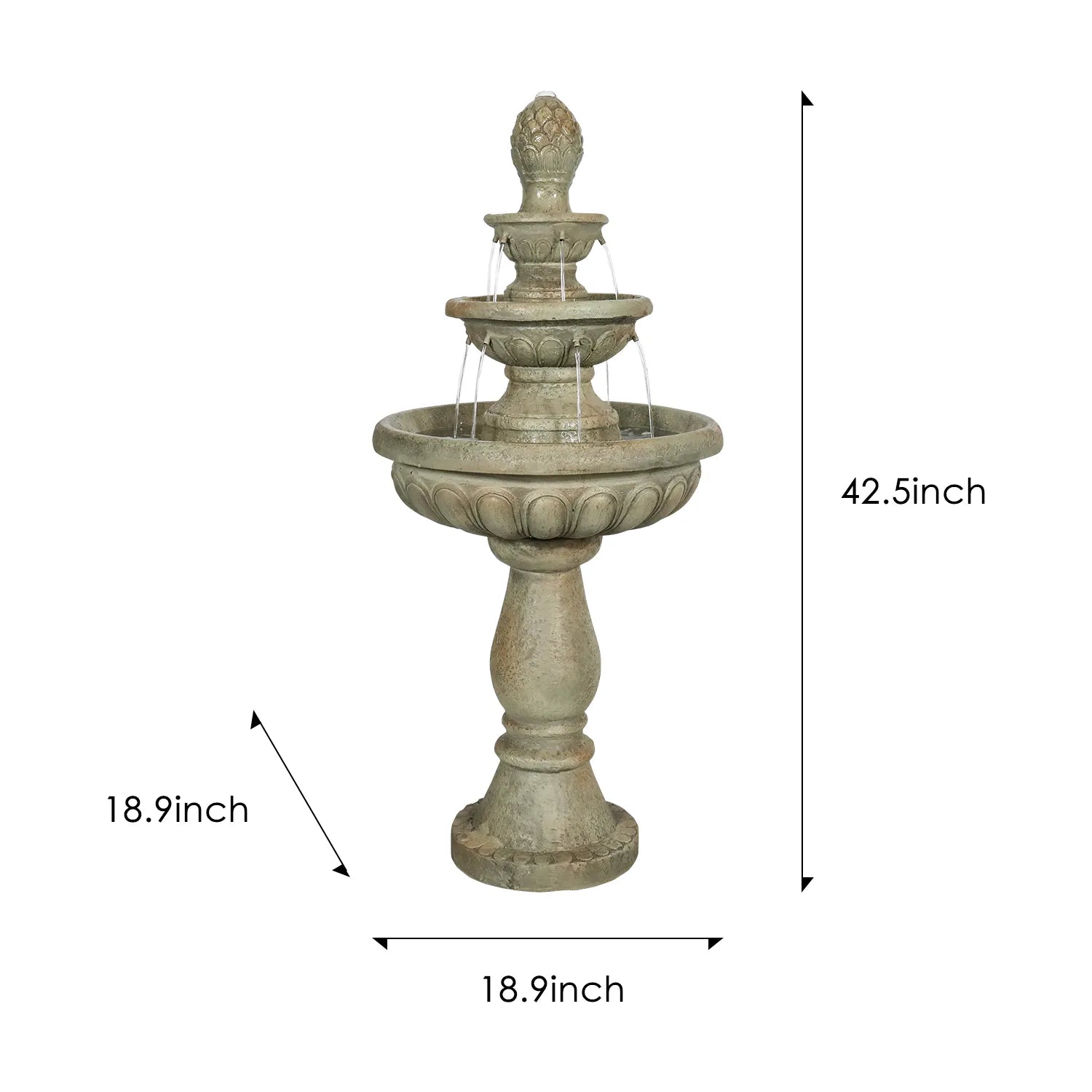 Dimensions and size chart for the 3-tier pineapple finial fountain