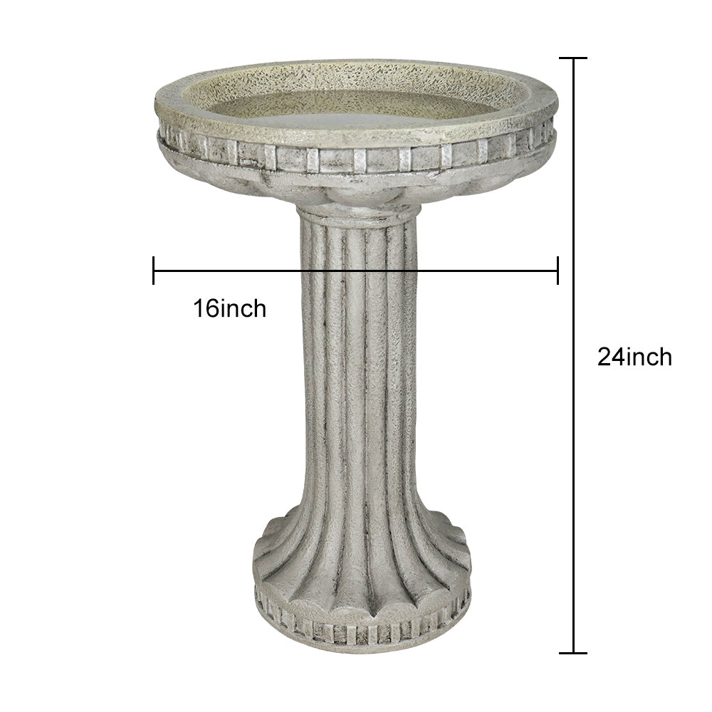 Dimensions and size chart for the compact 16" wide pedestal birdbath