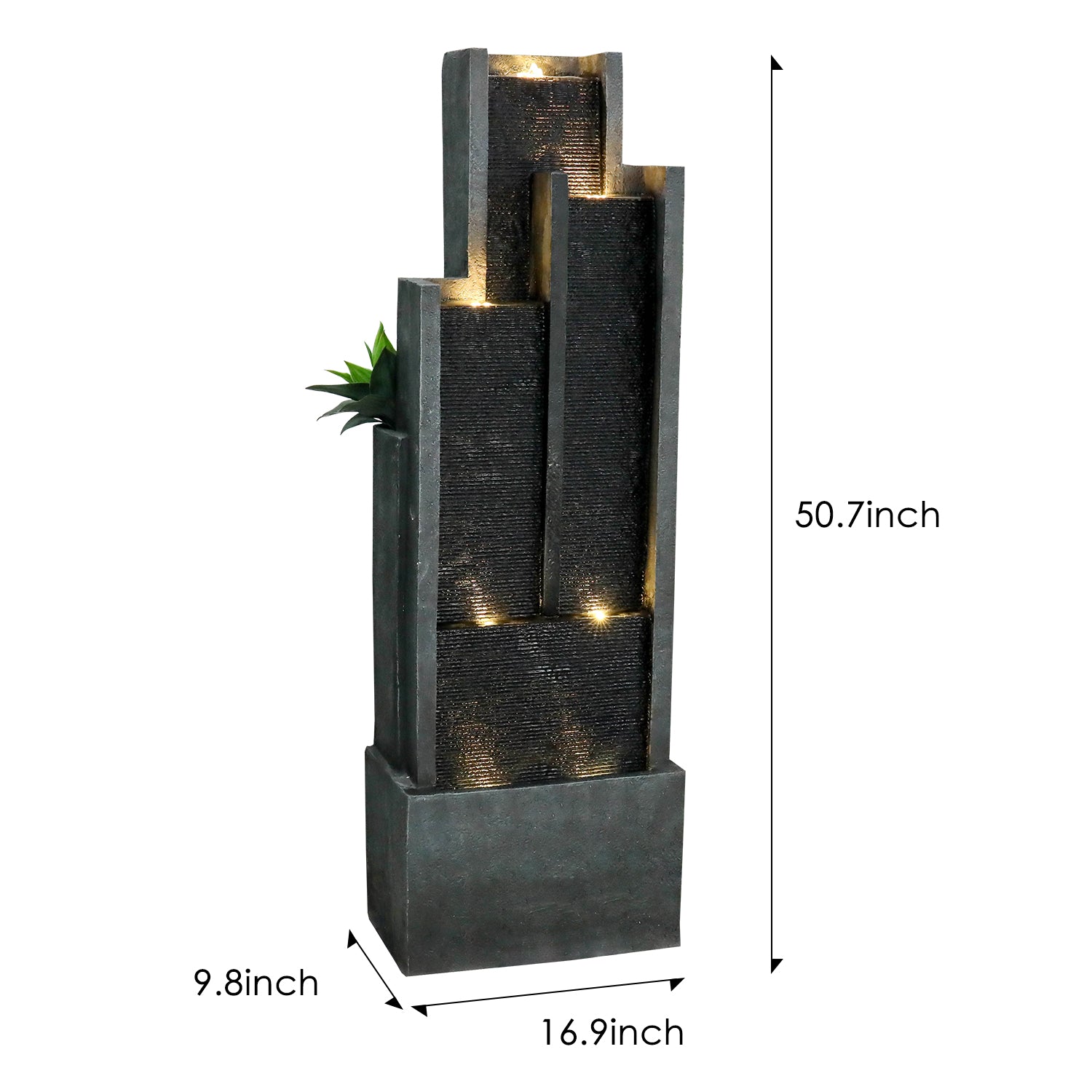 Dimensions of the sleek 50.7"H modern cascading fountain featuring a sturdy 21kg gross weight.