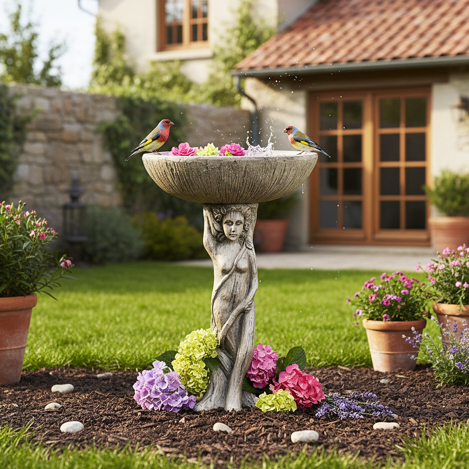 Elegant goddess pedestal bird bath serving as a beautiful focal point near vibrant red and yellow potted flowers.