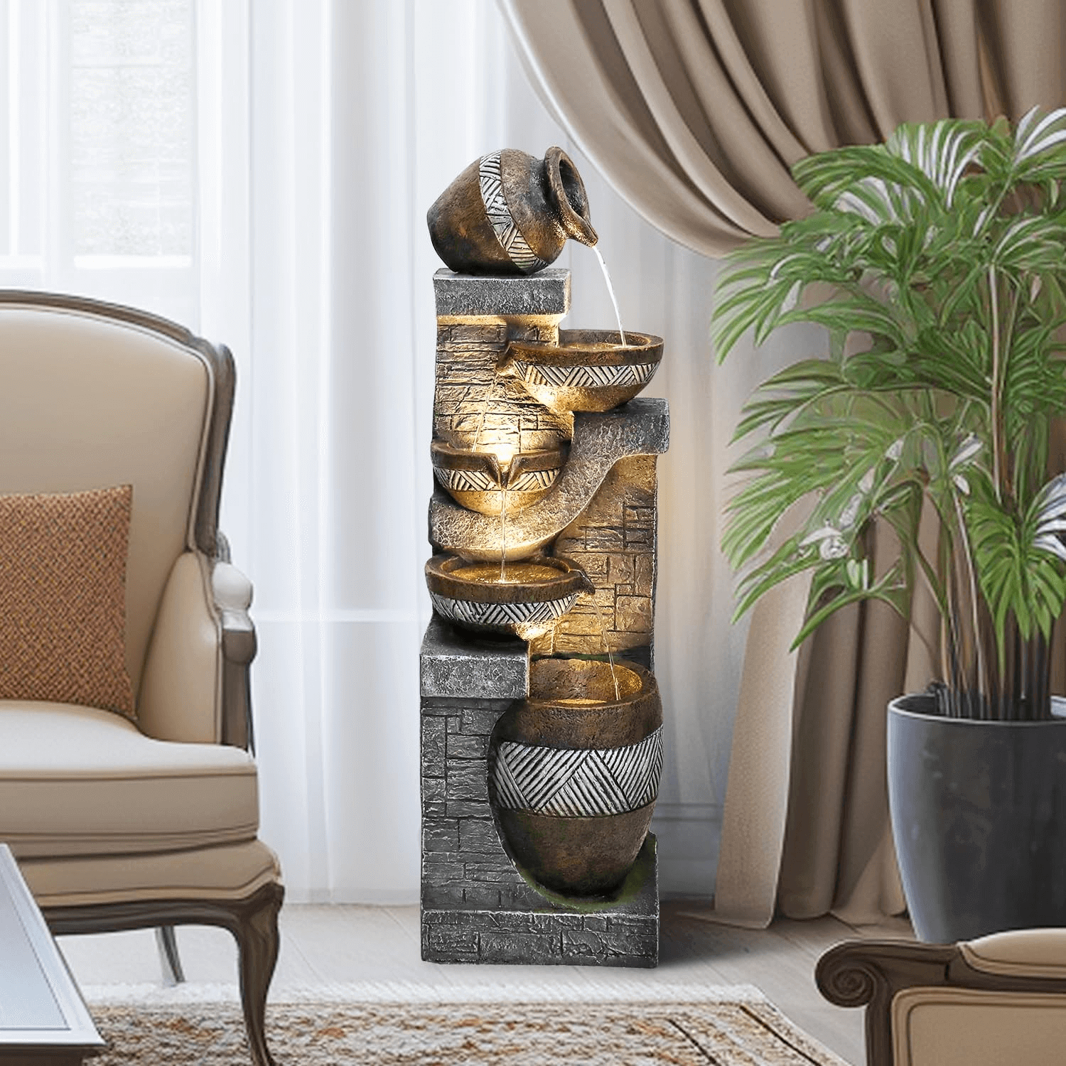 42.5"H-5 Tiered Clay Pot Outdoor Water Fountain with LED Light