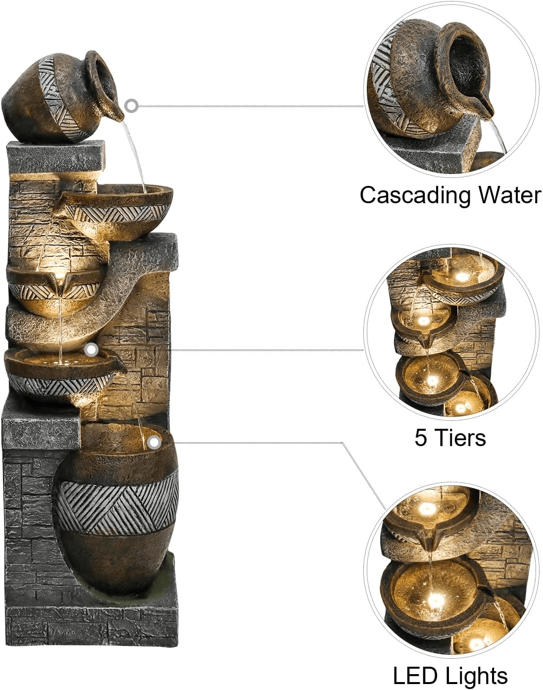 42.5"H-5 Tiered Clay Pot Outdoor Water Fountain with LED Light