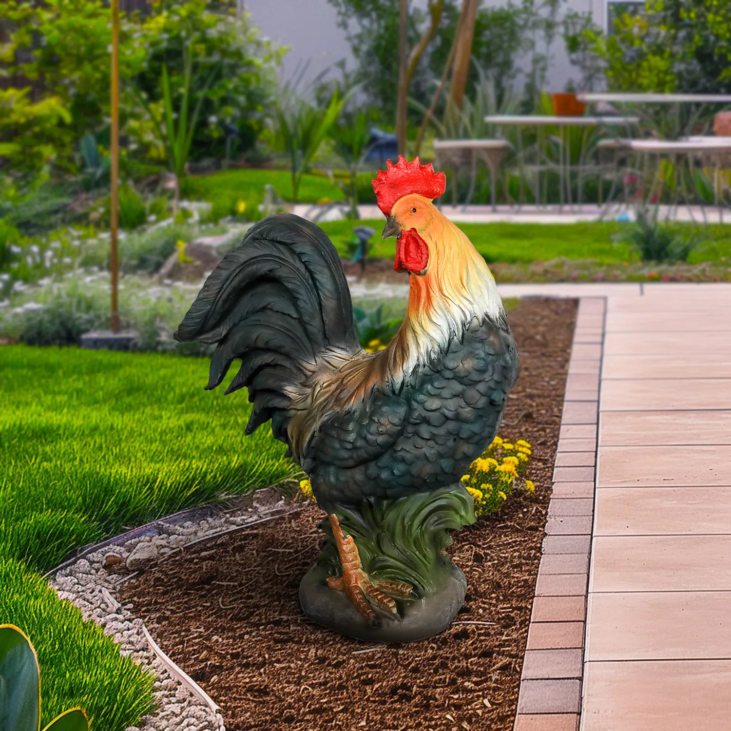 Farmhouse chicken sculpture for yard decoration standing on a stable stone-look base near a pool.