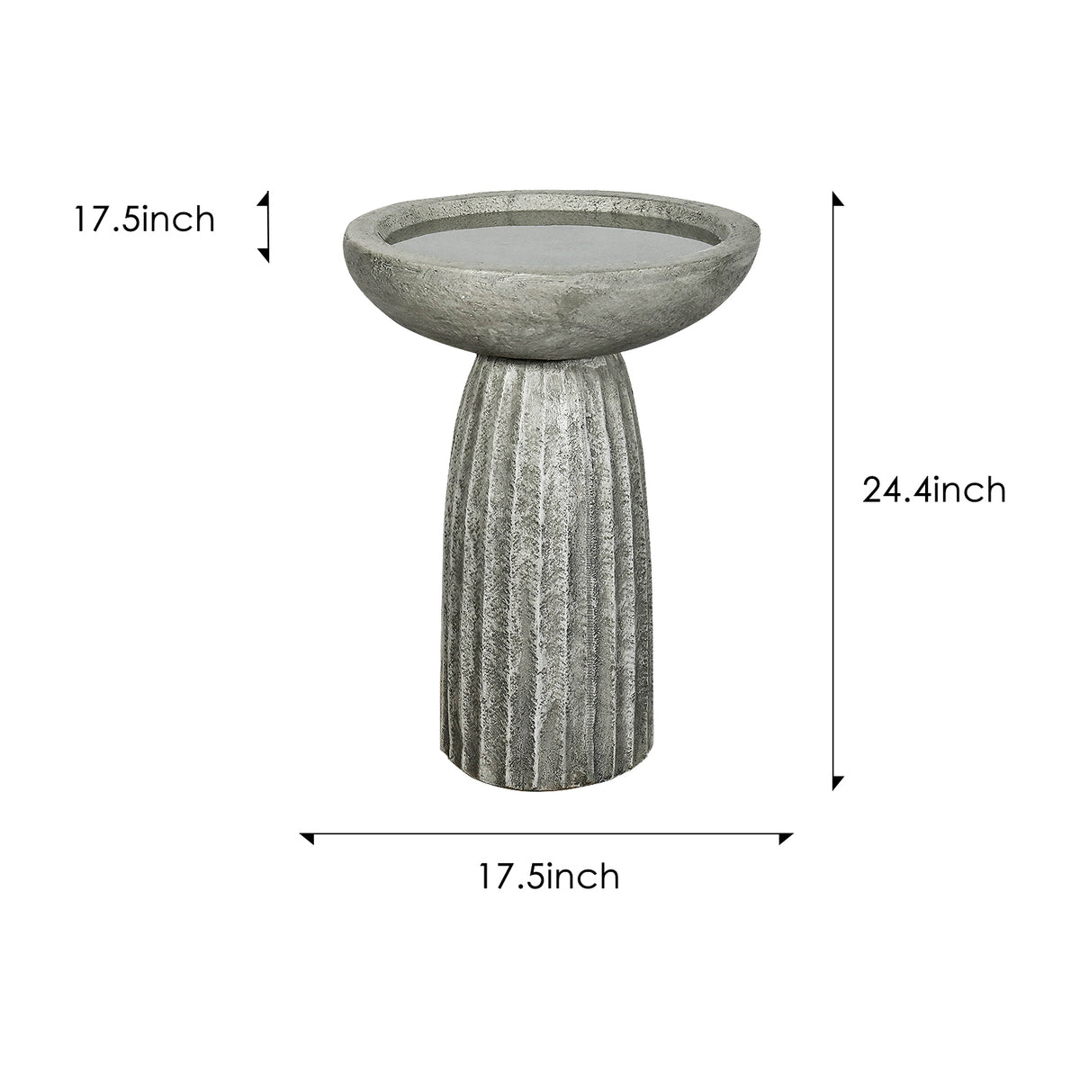 Fluted concrete bird bath dimensions showing 24.4 inch height and 17.5 inch basin width