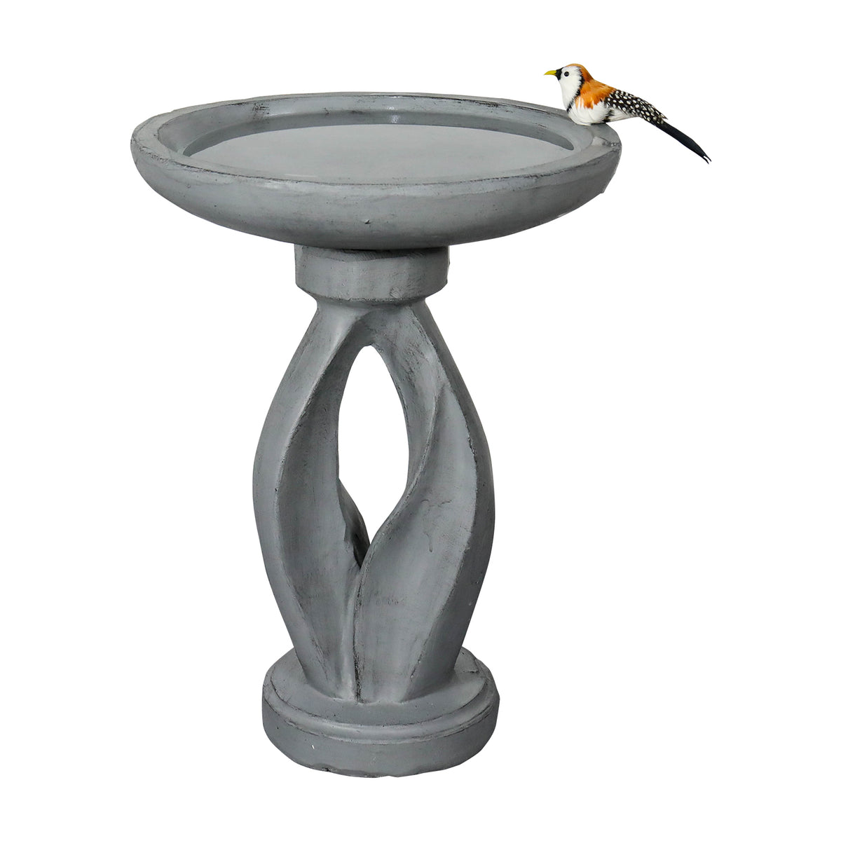 Front view of the 21.8"H modern concrete outdoor bird bath with geometrical pedestal on white.