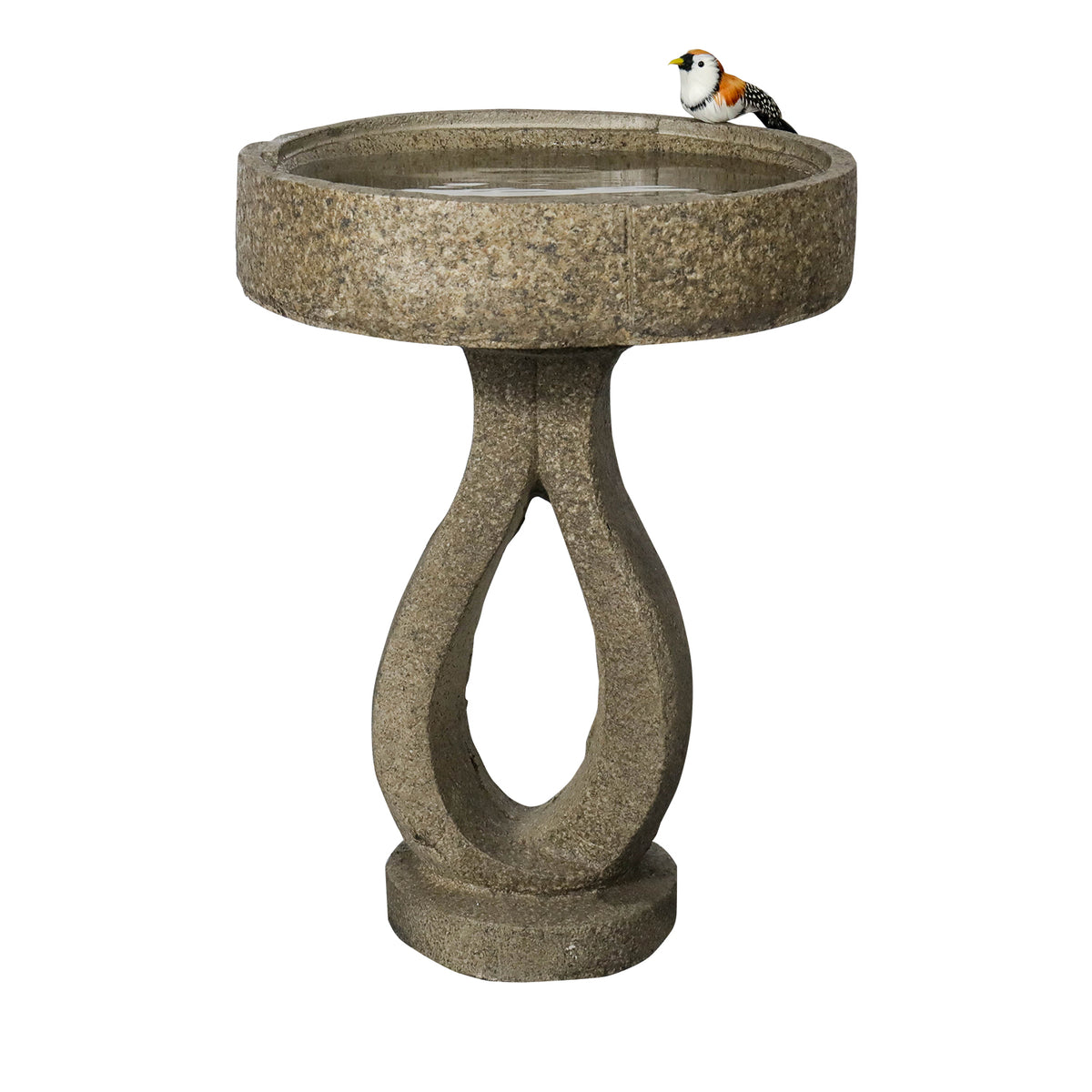 Front view of the 21.8"H sleek modern concrete garden bird bath with a bird on a white background.
