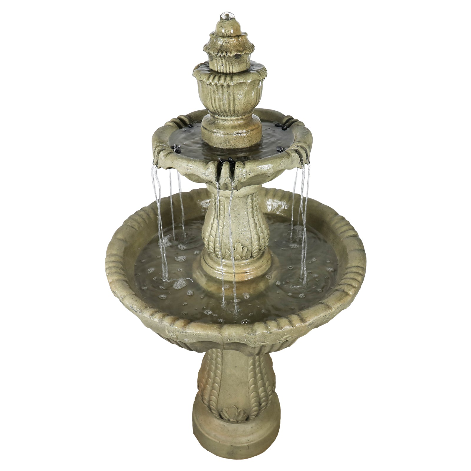Front view of the 48"H classic 3-tier outdoor floor water fountain with scalloped edges on white.