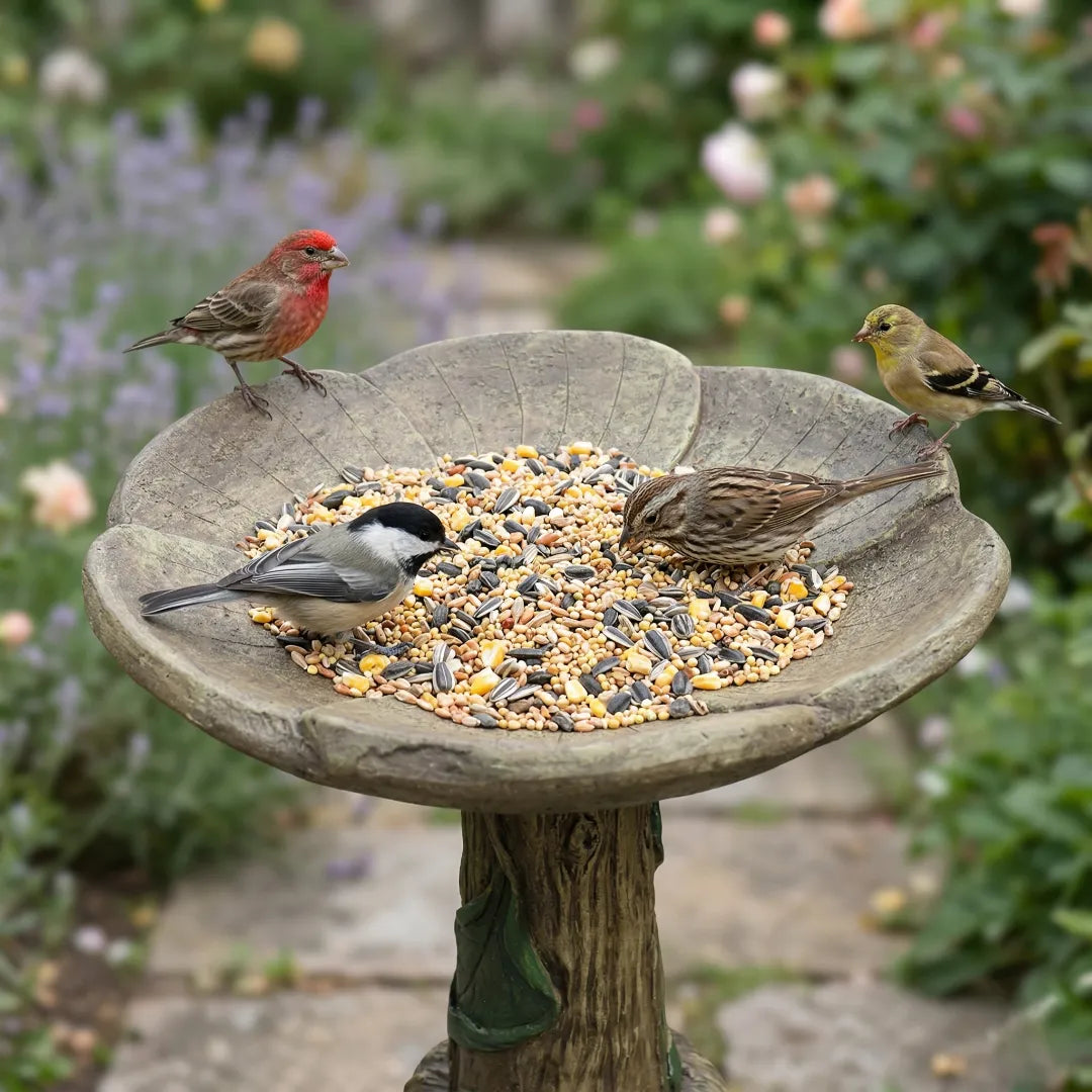 Gnarled concrete bird feeder with feeding songbirds