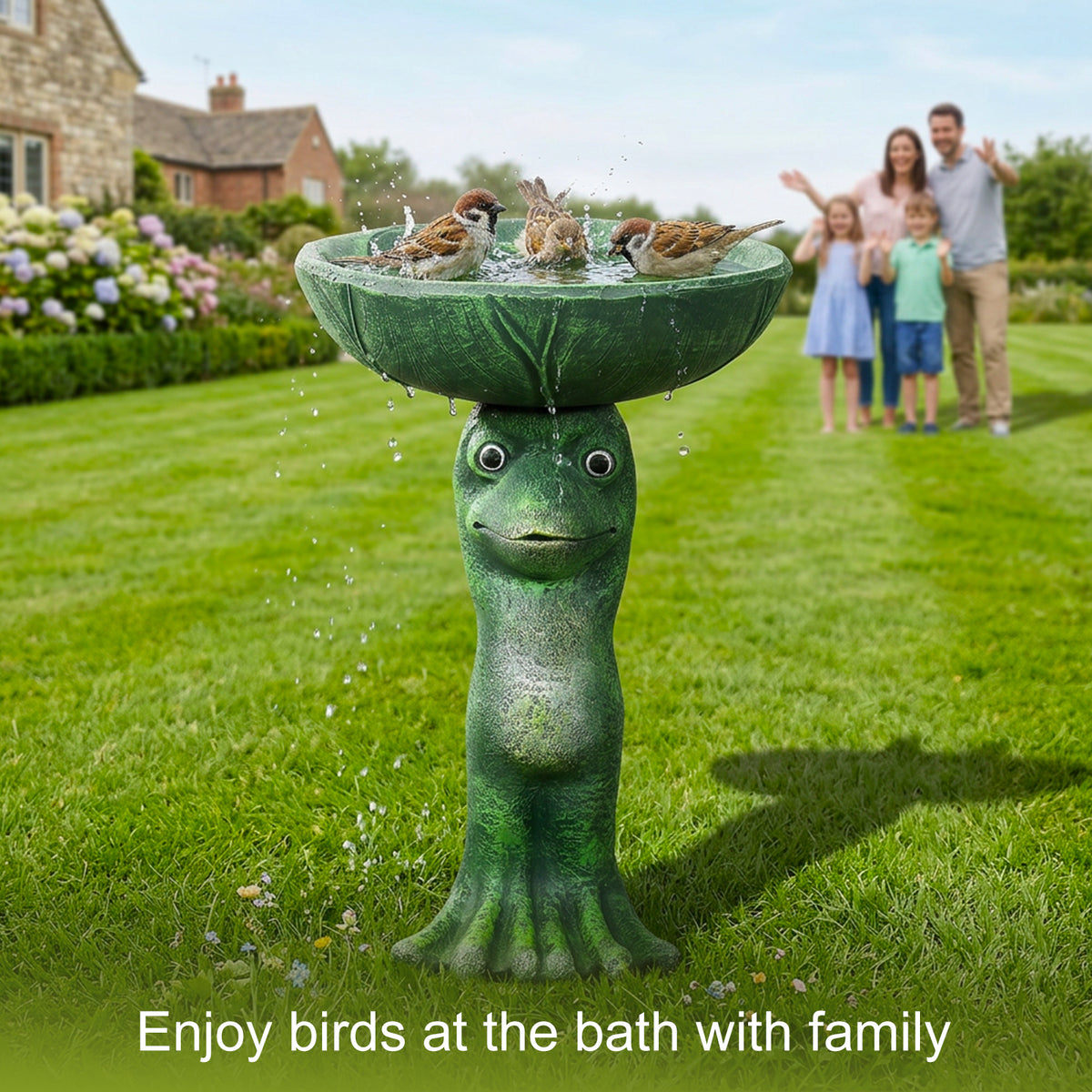 Happy family enjoying the sight of birds visiting the classic pedestal bird bath in a sunny backyard.