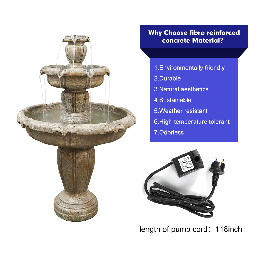Included submersible pump and key features of the eco-friendly fiber-reinforced concrete fountain.