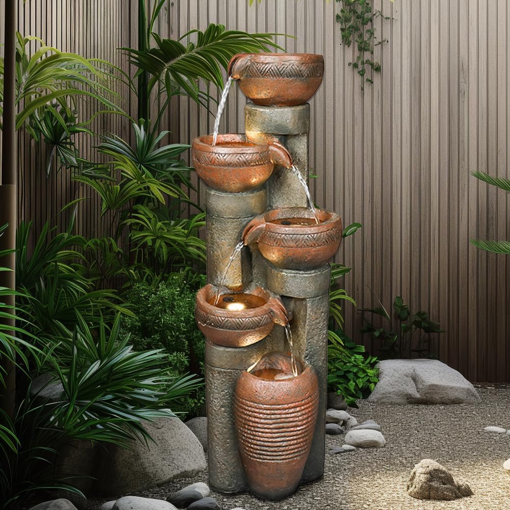 Resin Copper Bowl Cascading Column Fountain 39 Inch in garden setting