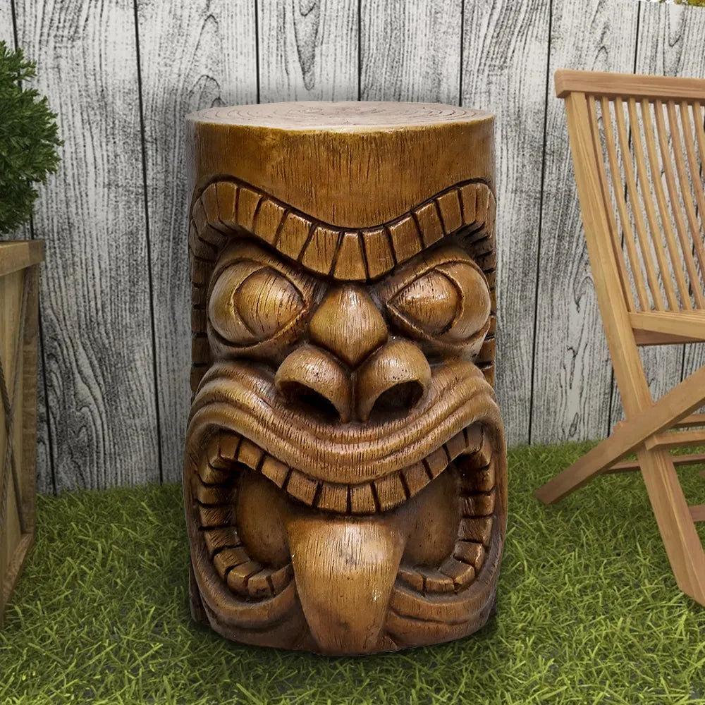 Polynesian Kanaloa outdoor decor pedestal decorating a tropical backyard patio