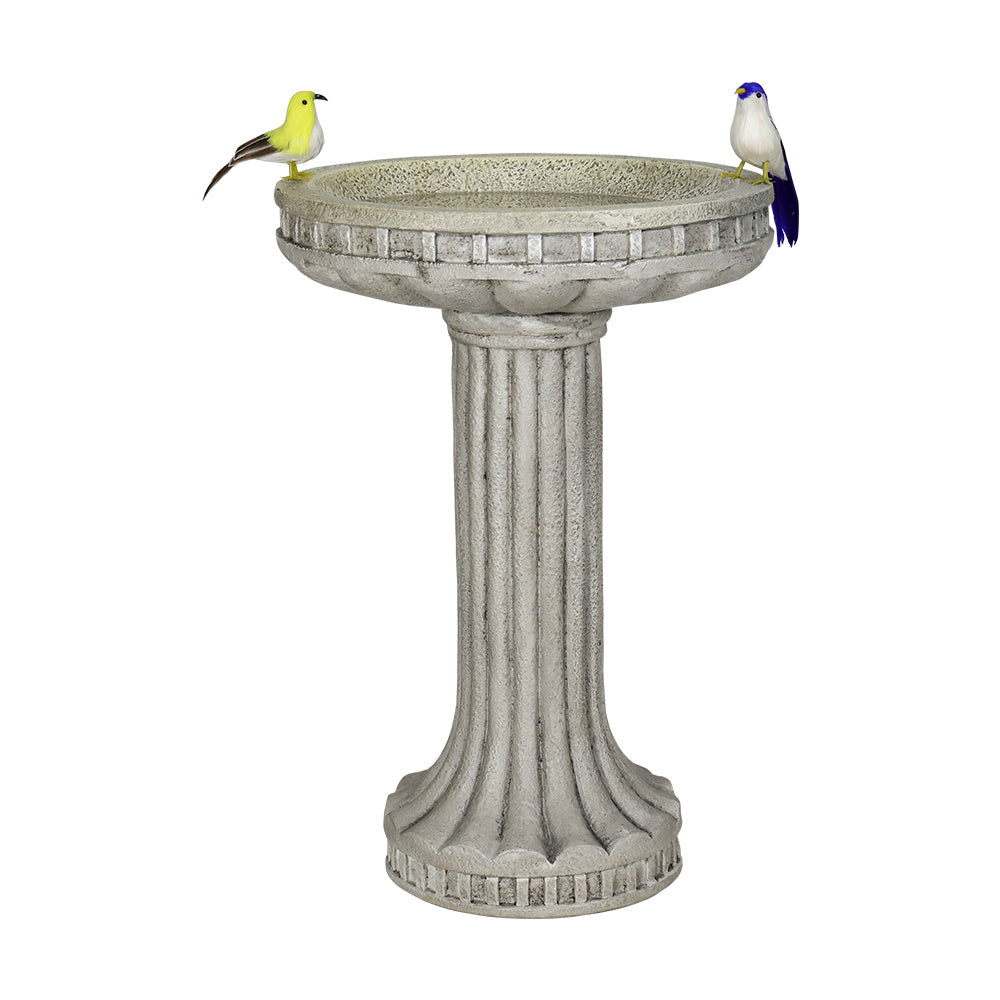 Round concrete pedestal birdbath featuring a decorative bird figurine on white