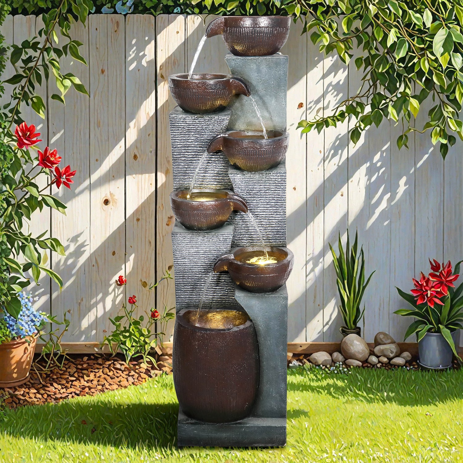 Rustic-industrial outdoor floor fountain decorating a cozy patio setting