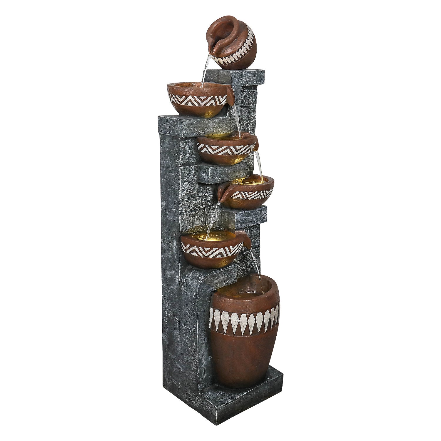 Side profile of the tall, rustic-bohemian freestanding floor fountain on white