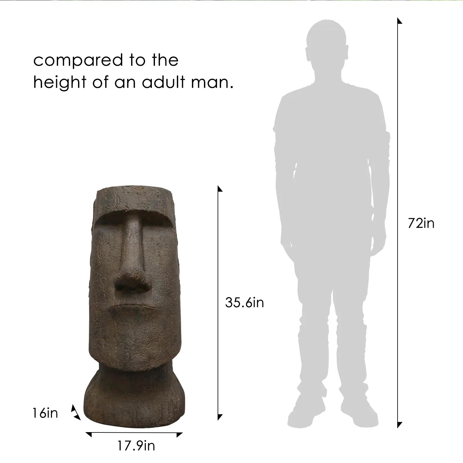 Size comparison chart showing the 35.6-inch Moai statue next to a 72-inch adult male silhouette.