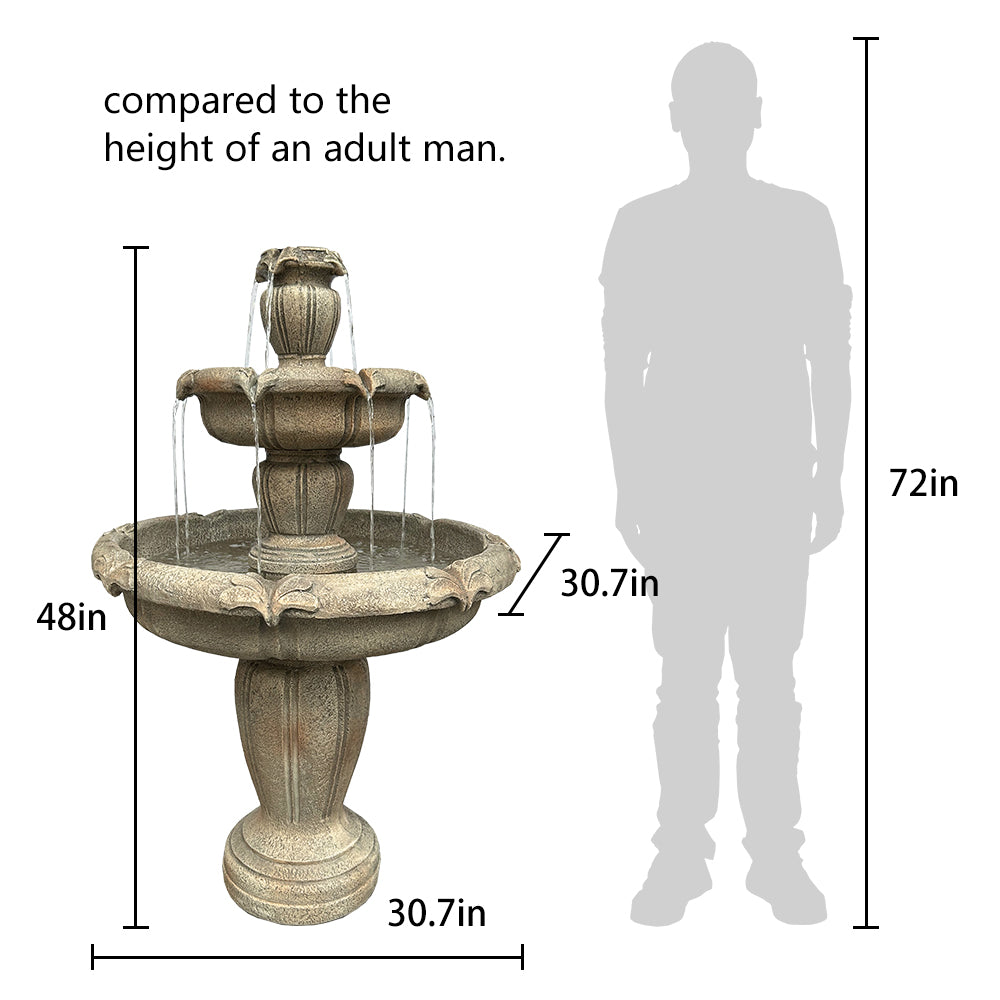 Size comparison of the 48 tall 3-tier concrete floor fountain next to an adult human.