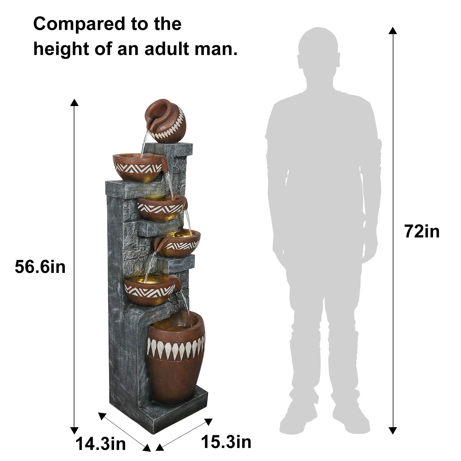 Size comparison of the majestic 56.6" tall freestanding floor fountain