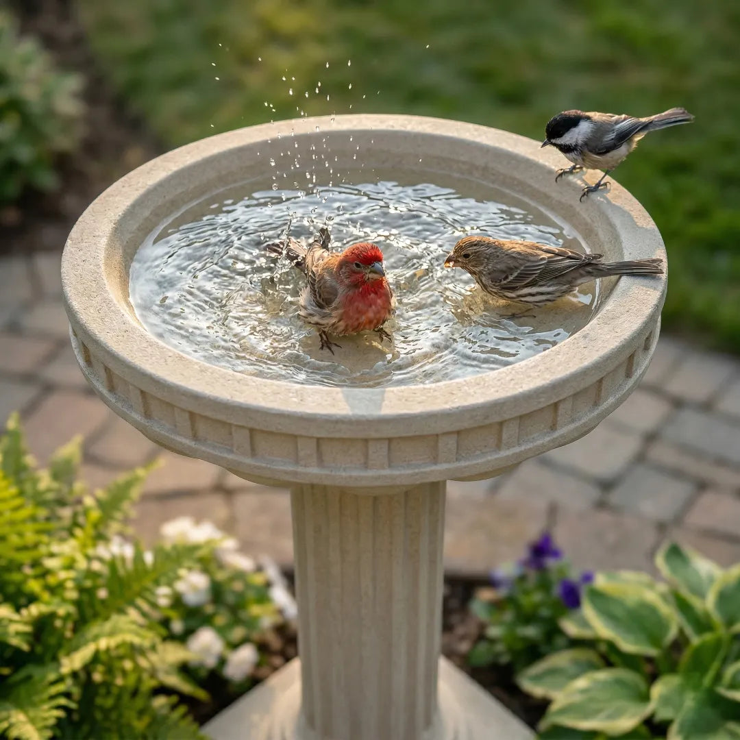 Small songbirds splashing safely in an elevated pedestal bird bath.