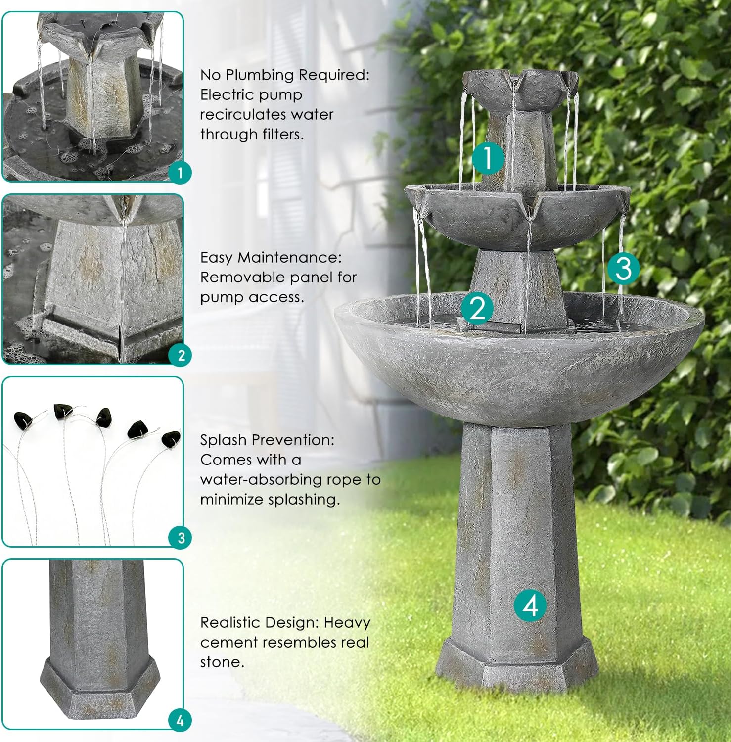Three-Tier Outdoor Garden Fountain with Cement Gray Finish Description