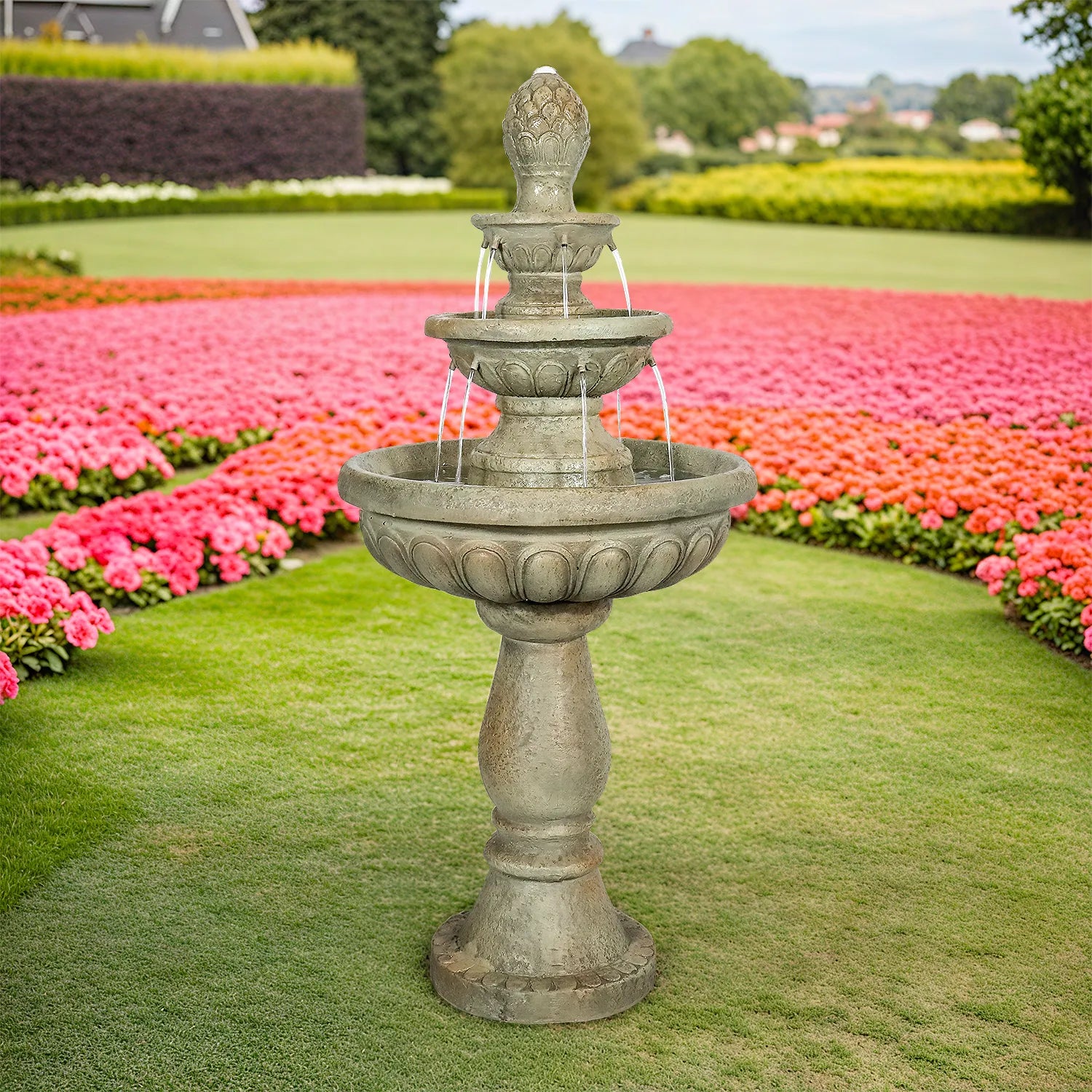 Traditional 42.5-inch 3-tier outdoor fountain with pineapple finial in a vibrant flower garden.