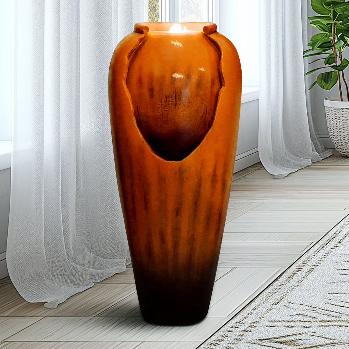 Resin Glazed Cutout Urn Outdoor Water Fountain 30 Inch LED lit at night