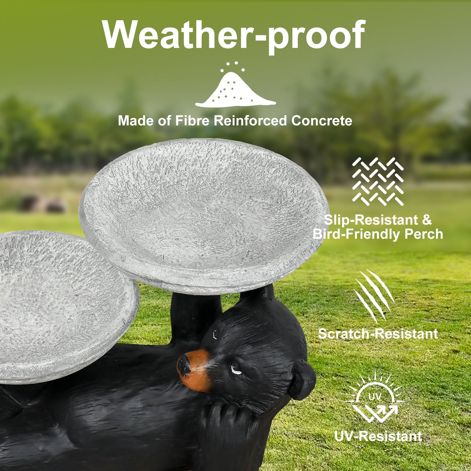 Weather-proof and eco-friendly concrete material highlights of the 18.8kg bear birdbath.