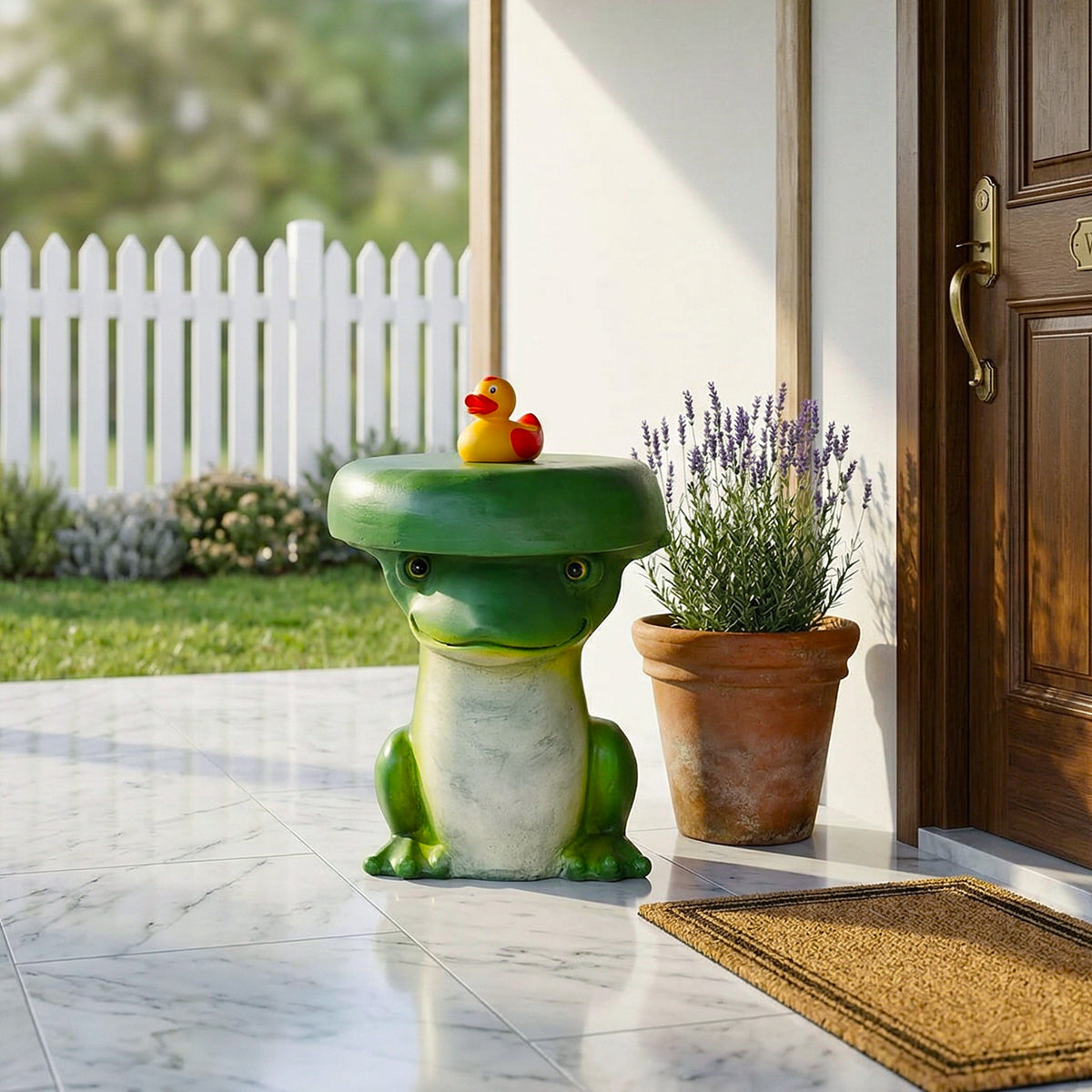 Whimsical frog side table holding a bowl of fruit on a welcoming front porch setting.
