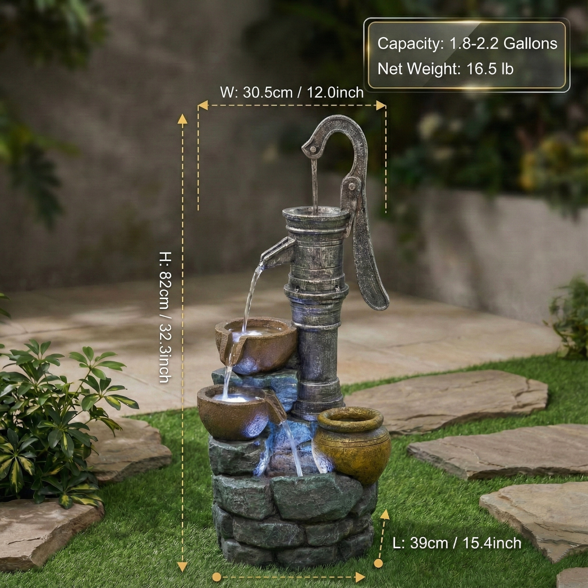 Resin Hand Pump Cascading Outdoor Fountain 32 Inch LED lit at night