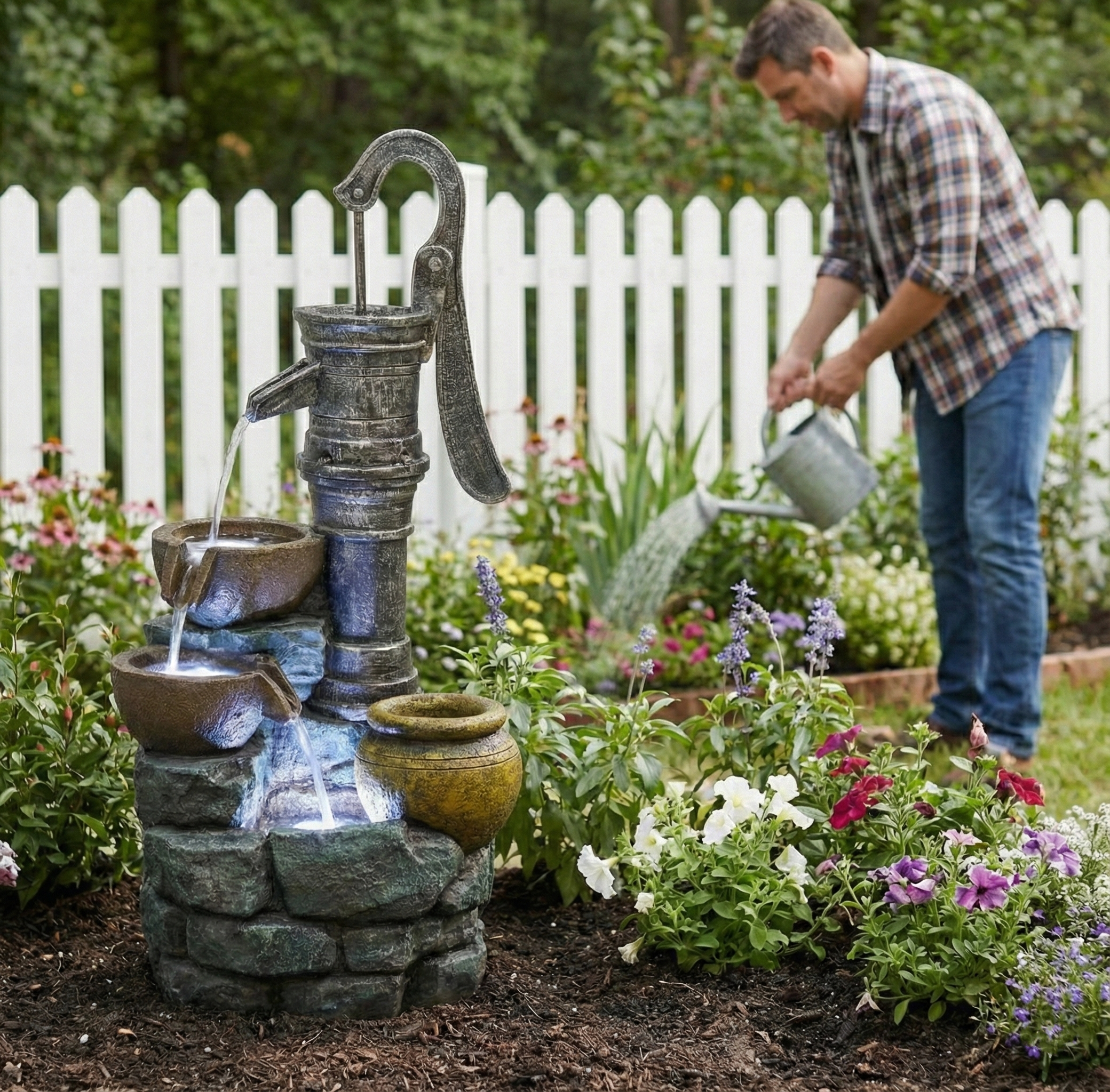 Resin Hand Pump Cascading Outdoor Fountain 32 Inch close up of water flow
