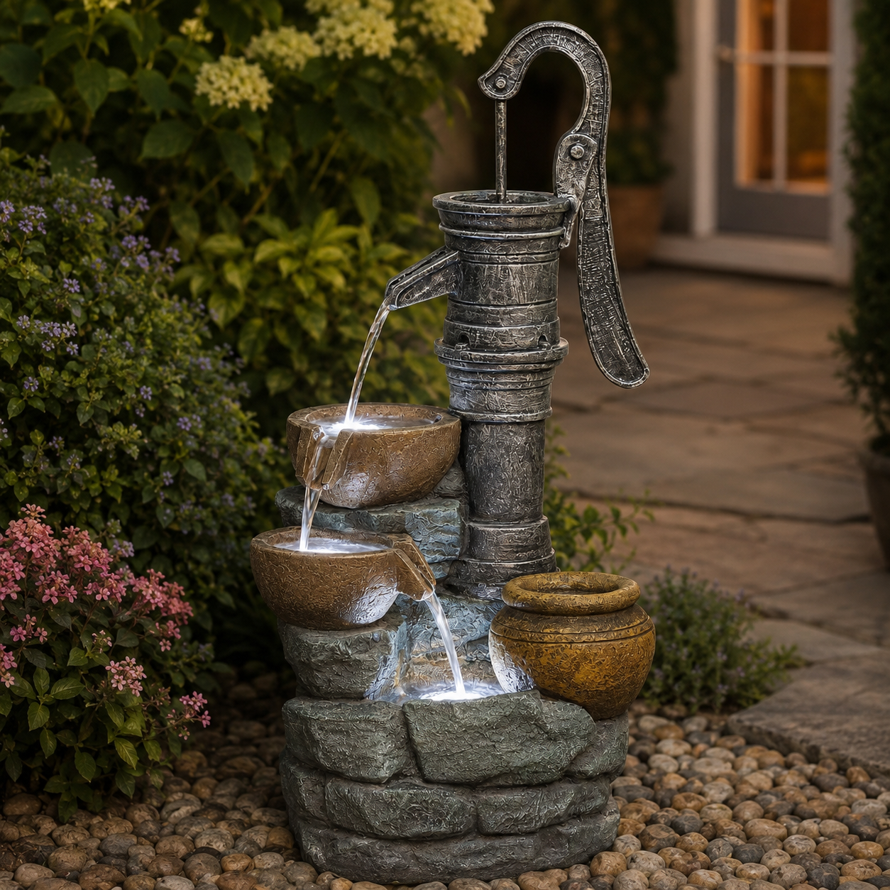 Resin Hand Pump Cascading Outdoor Fountain 32 Inch in garden setting