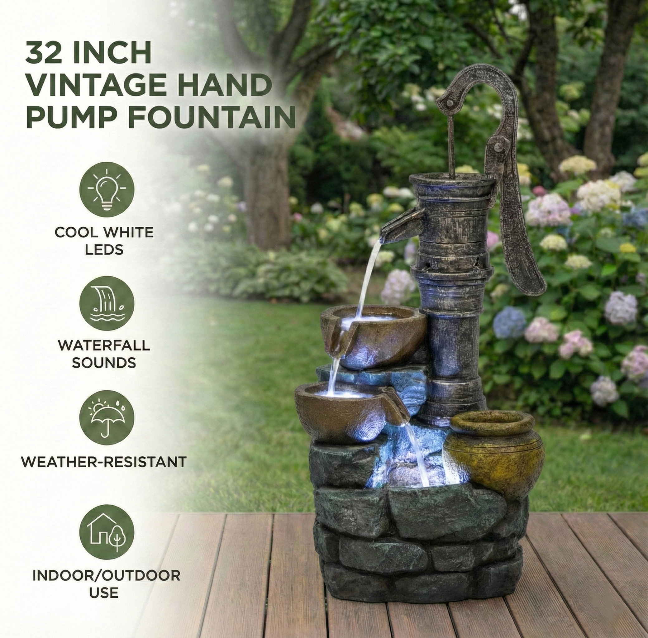 Resin Hand Pump Cascading Outdoor Fountain 32 Inch material texture detail