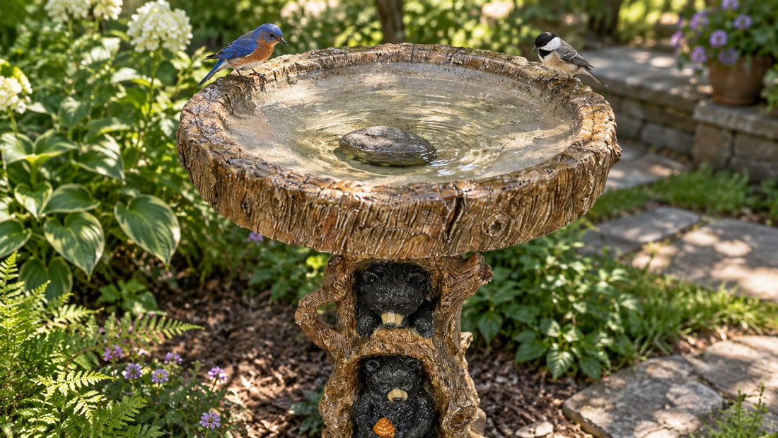 Bluebird and chickadee on the rim of a tree stump bird bath with a flat stone set in the shallow water