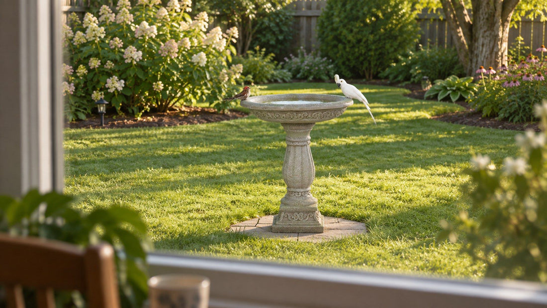 Concrete pedestal bird bath on a paver in a backyard lawn, seen from a kitchen window with birds on the rim