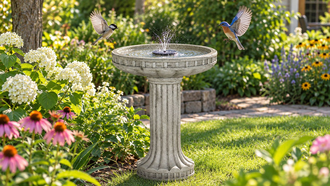 Solar floating pump lifting a low spray in a fluted concrete bird bath as a chickadee and a bluebird fly in