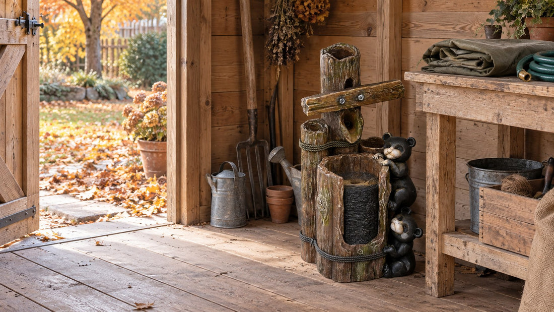 Drained log fountain with two bear cubs stored in a garden shed beside a potting bench in autumn