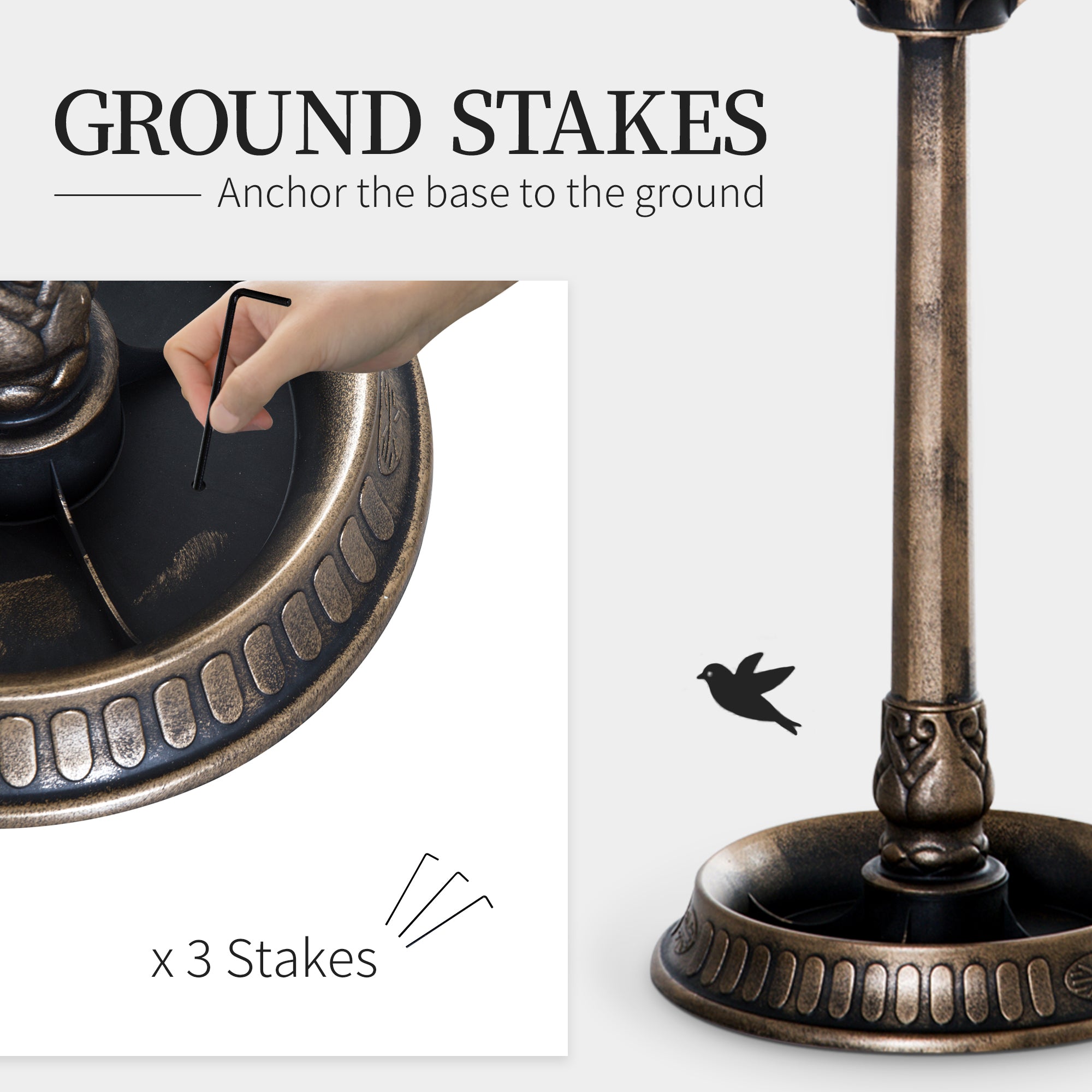3-in-1 bird bath base anchored to the ground with three included stakes