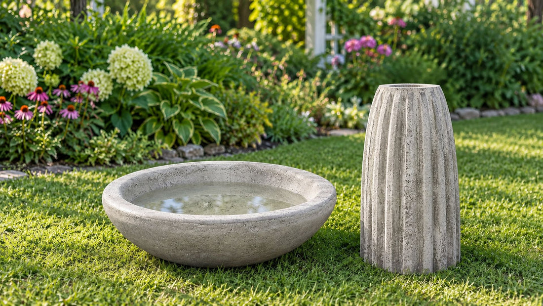 Concrete bird bath bowl and fluted pedestal standing separately on a lawn before assembly