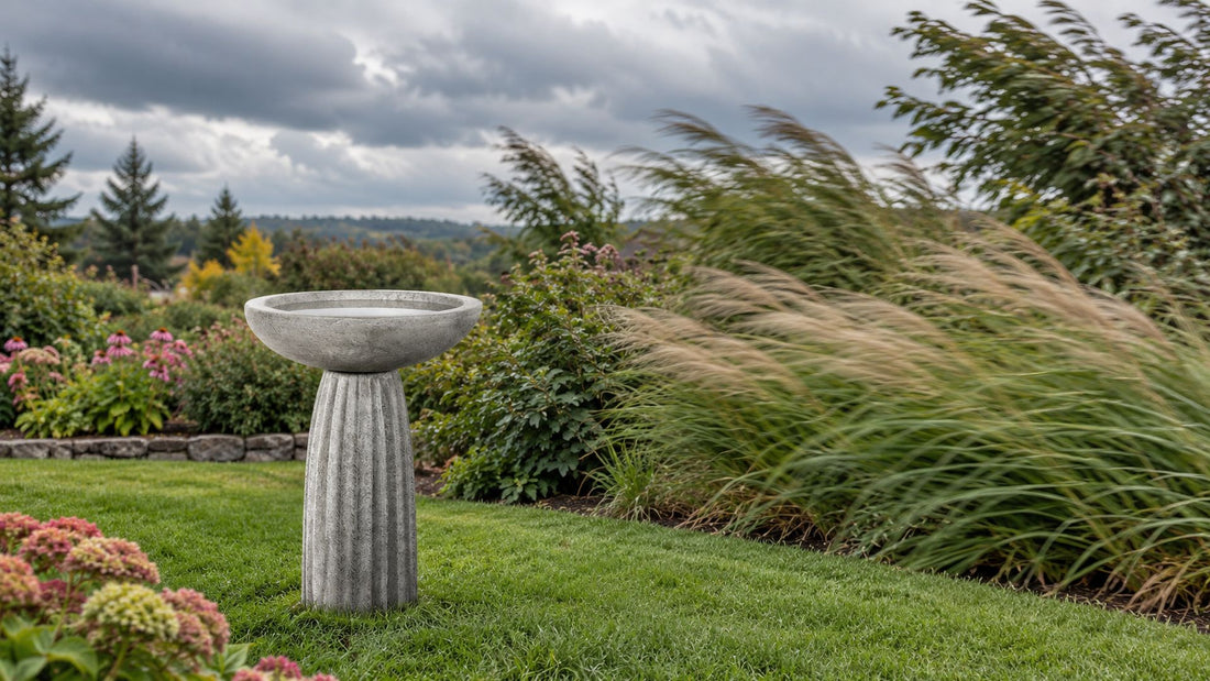 Fluted concrete bird bath standing steady on a lawn while ornamental grasses bend in the wind under a gray sky