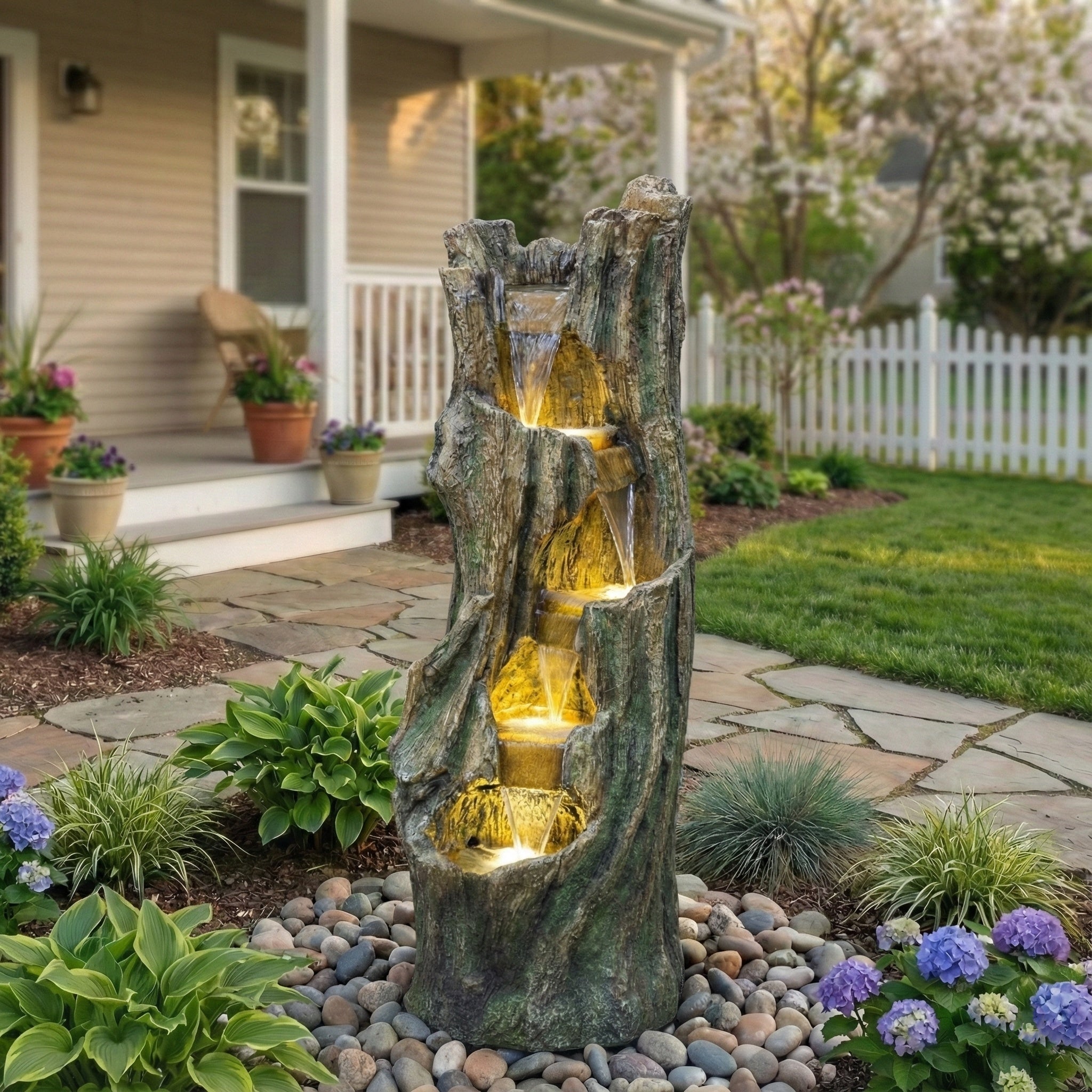 Resin Tree Trunk Outdoor Fountain 39 Inch close up of water flow