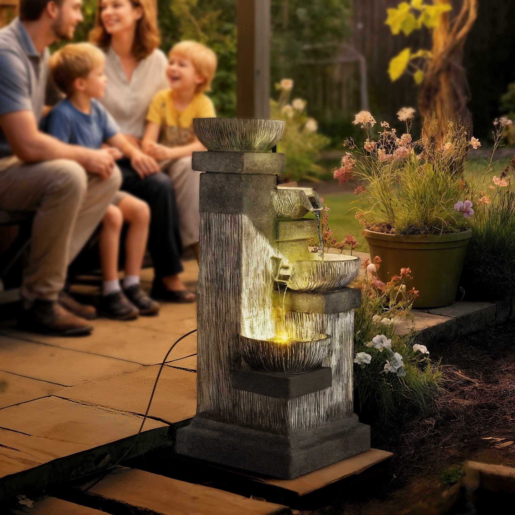 people relaxing on a patio beside the lit charcoal bowl tower fountain at dusk