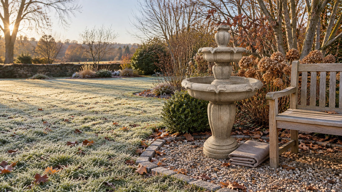 Concrete tiered fountain drained for winter on a gravel bed, folded cover beside it, frost on the lawn