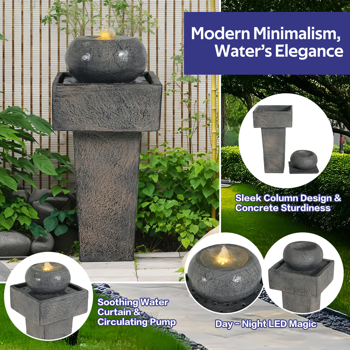Concrete Orb Column Outdoor Water Fountain in garden setting