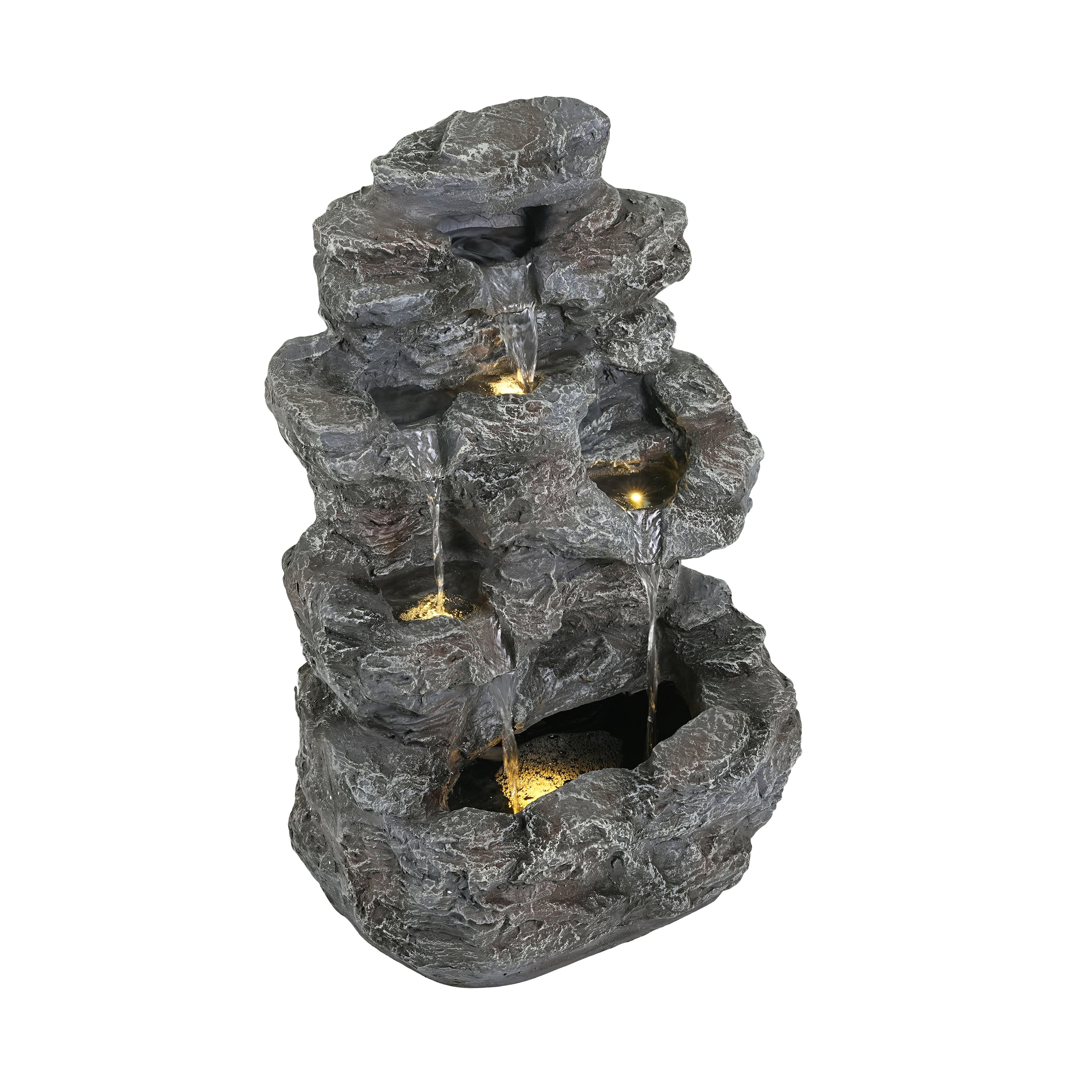 concrete rock ledge fountain angled view showing layered ledges
