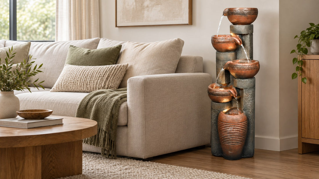 Copper bowl column fountain running in a living room corner beside a linen sofa