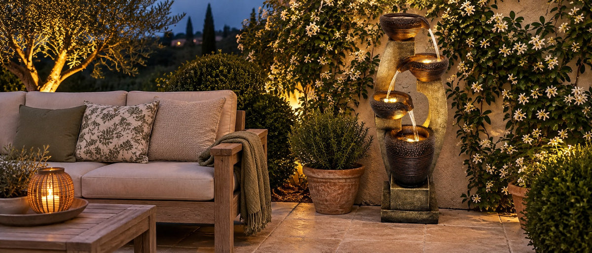 Curved column urn fountain with lit bronze bowls beside an outdoor sofa in a courtyard at dusk